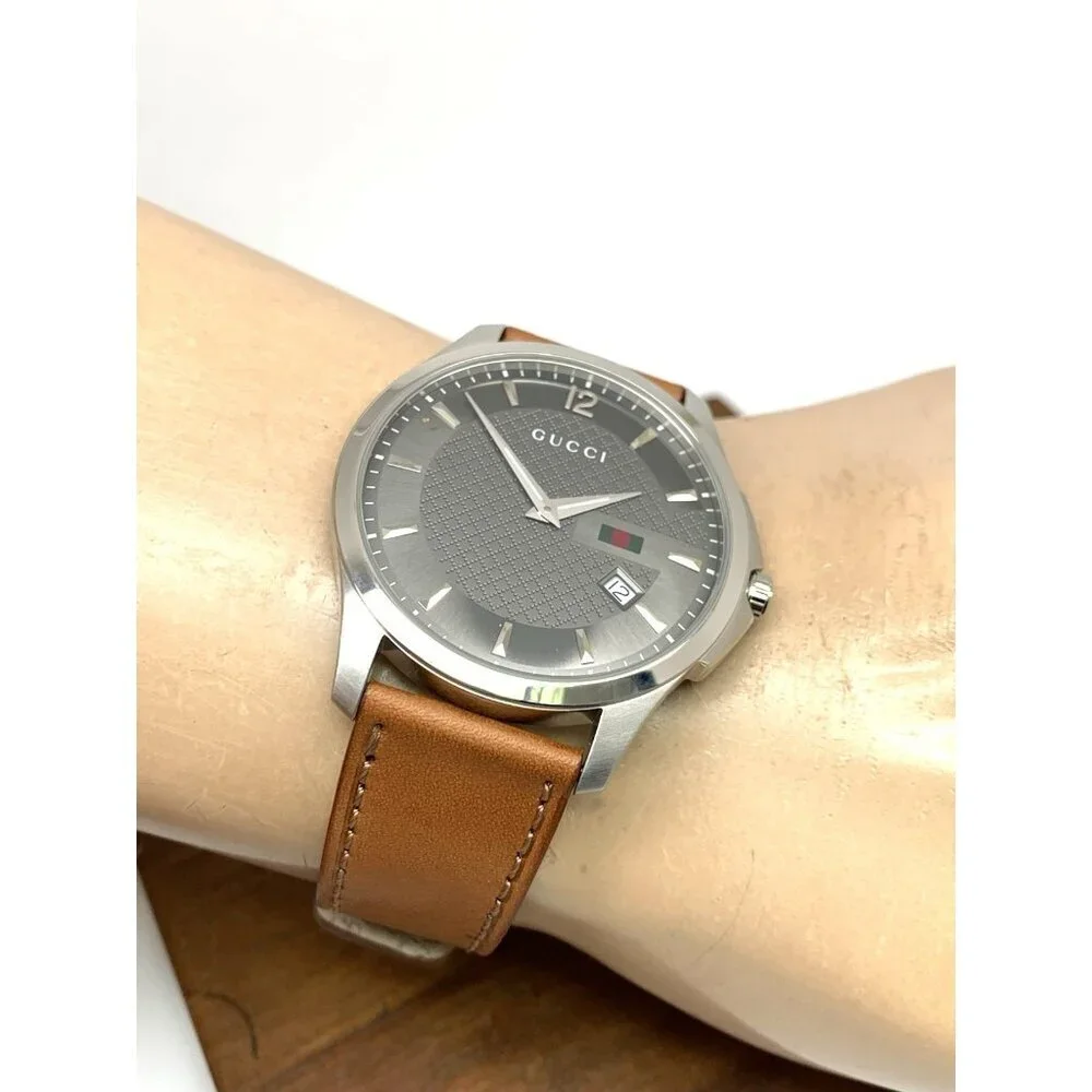 Gucci Men's Watch YA126302 G-Timeless Swiss Quartz Gray Dial Brown Leather 40mm